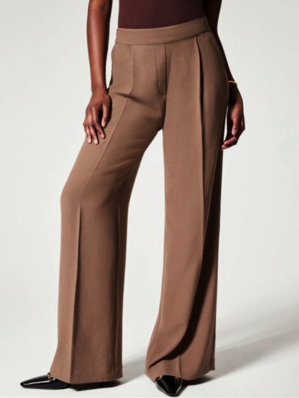NEW Spanx Carefree Crepe Pleated Trousers Cedar Brown Wide Leg Palazzo Slacks M